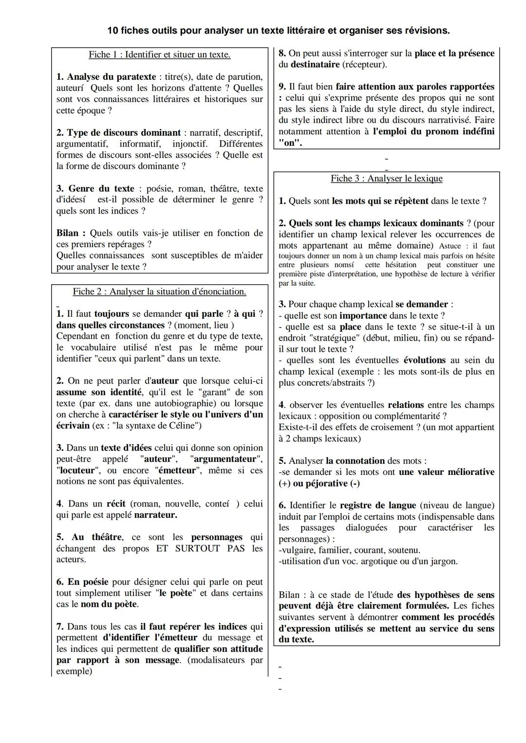 # 10 fiches outils pour analyser un texte littéraire et organiser ses révisions.

Fiche 1: Identifier et situer un texte.

1. Analyse du par