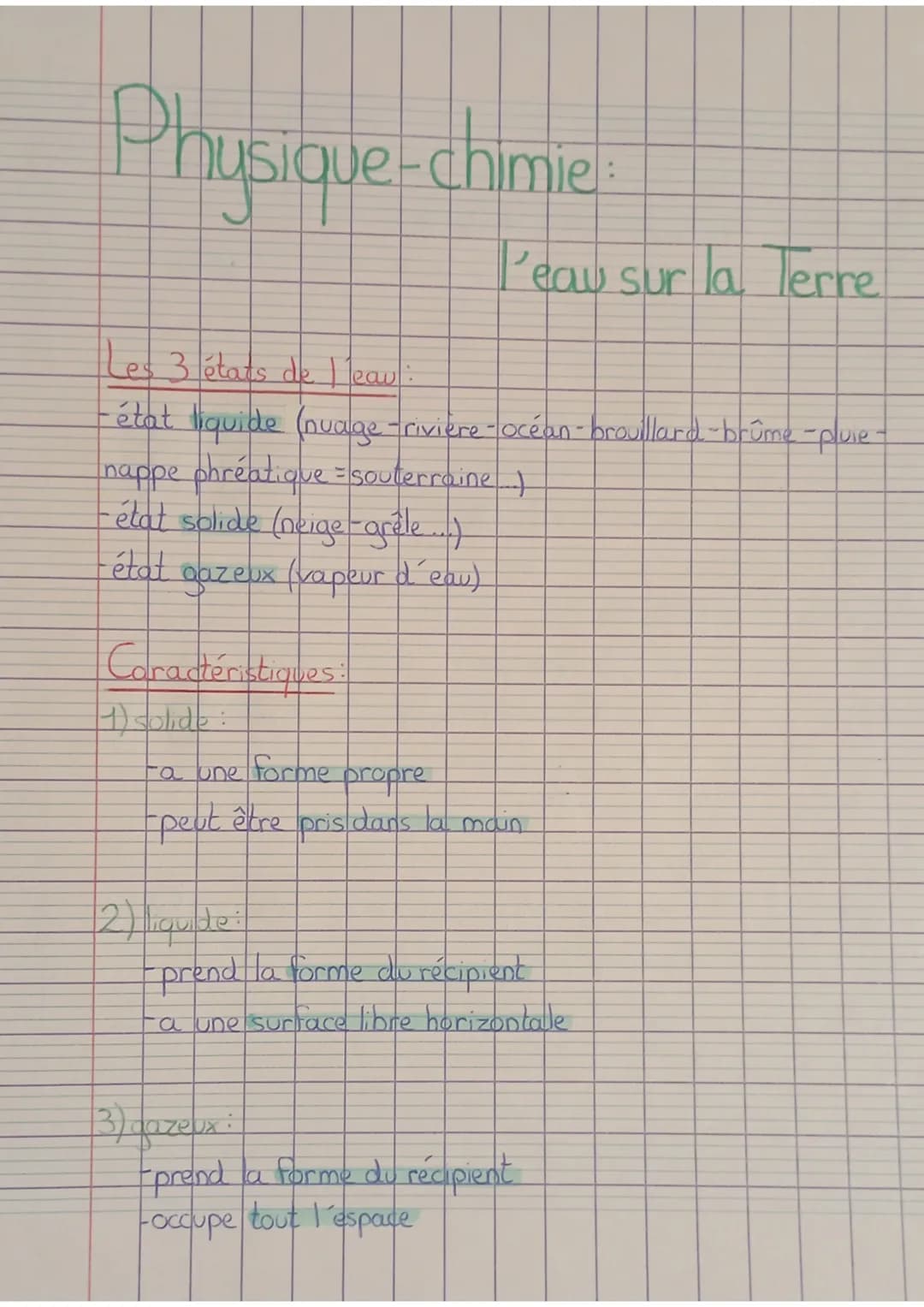Physique-chimie
Les 3 états de leav
- état liquide (nvage -rivière-océan-brouillard-brûme-pluie -
nappe phréatique = souterraine
- état soli