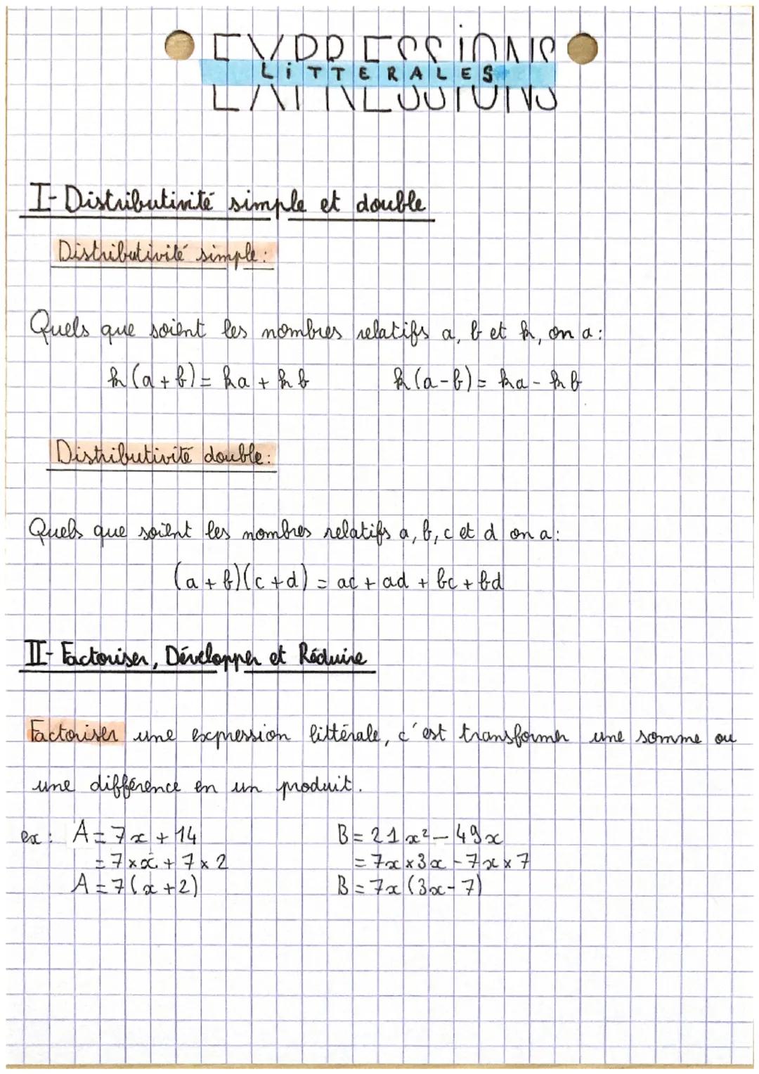 EXPRESSIONS
LANTINLOOTUNNO
LITT
I Distributivité simple et double
Distributivité simple:
Quels que soient les nombres relatifs a, b et h, on
