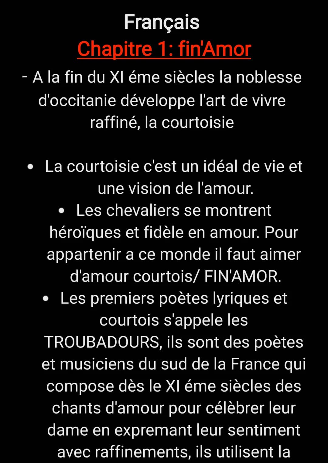Français
Chapitre 1: fin'Amor
- A la fin du XI éme siècles la noblesse
d'occitanie développe l'art de vivre
raffiné, la courtoisie
La courto