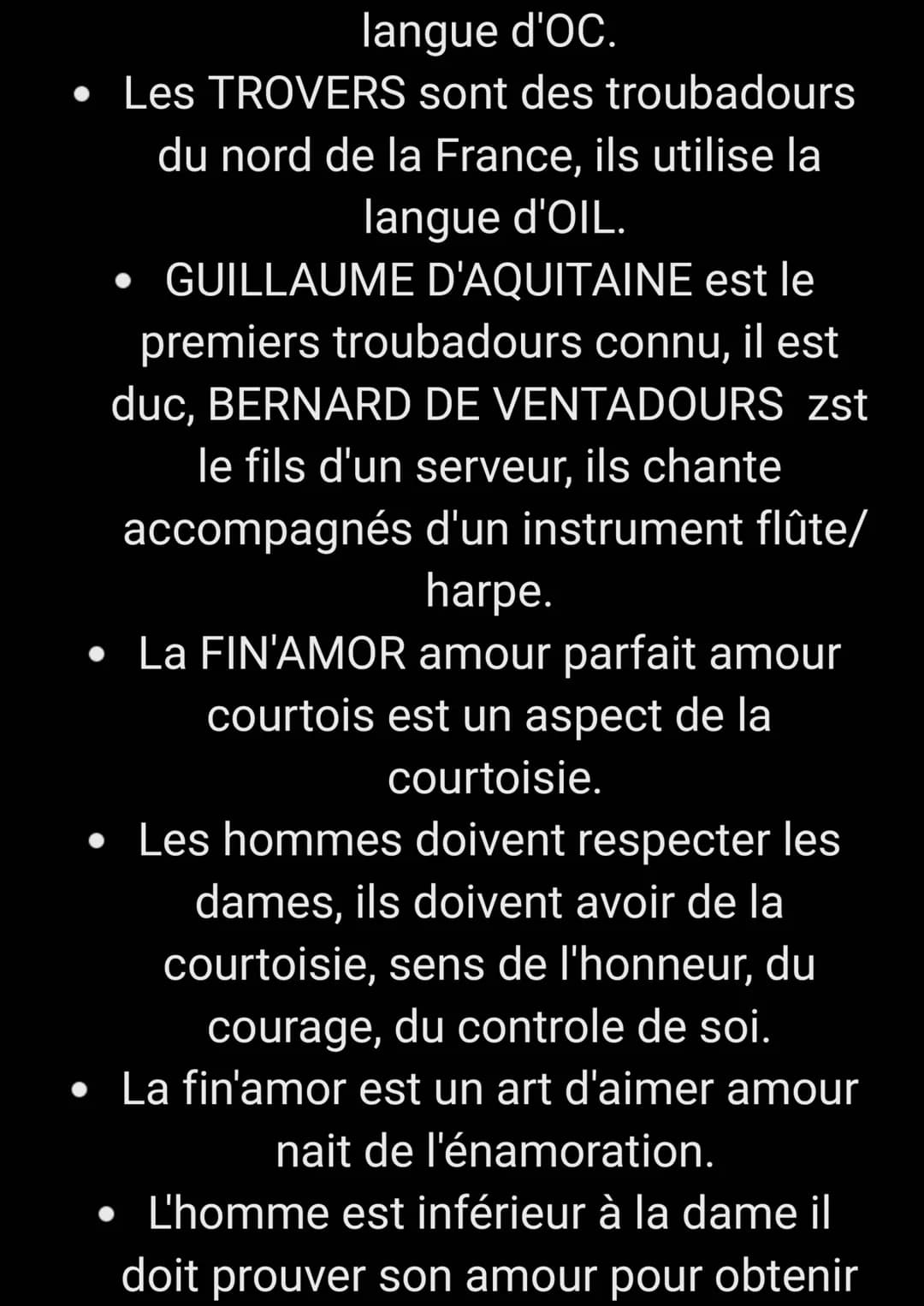 Français
Chapitre 1: fin'Amor
- A la fin du XI éme siècles la noblesse
d'occitanie développe l'art de vivre
raffiné, la courtoisie
La courto