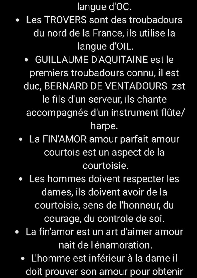 Français
Chapitre 1: fin'Amor
- A la fin du XI éme siècles la noblesse
d'occitanie développe l'art de vivre
raffiné, la courtoisie
La courto