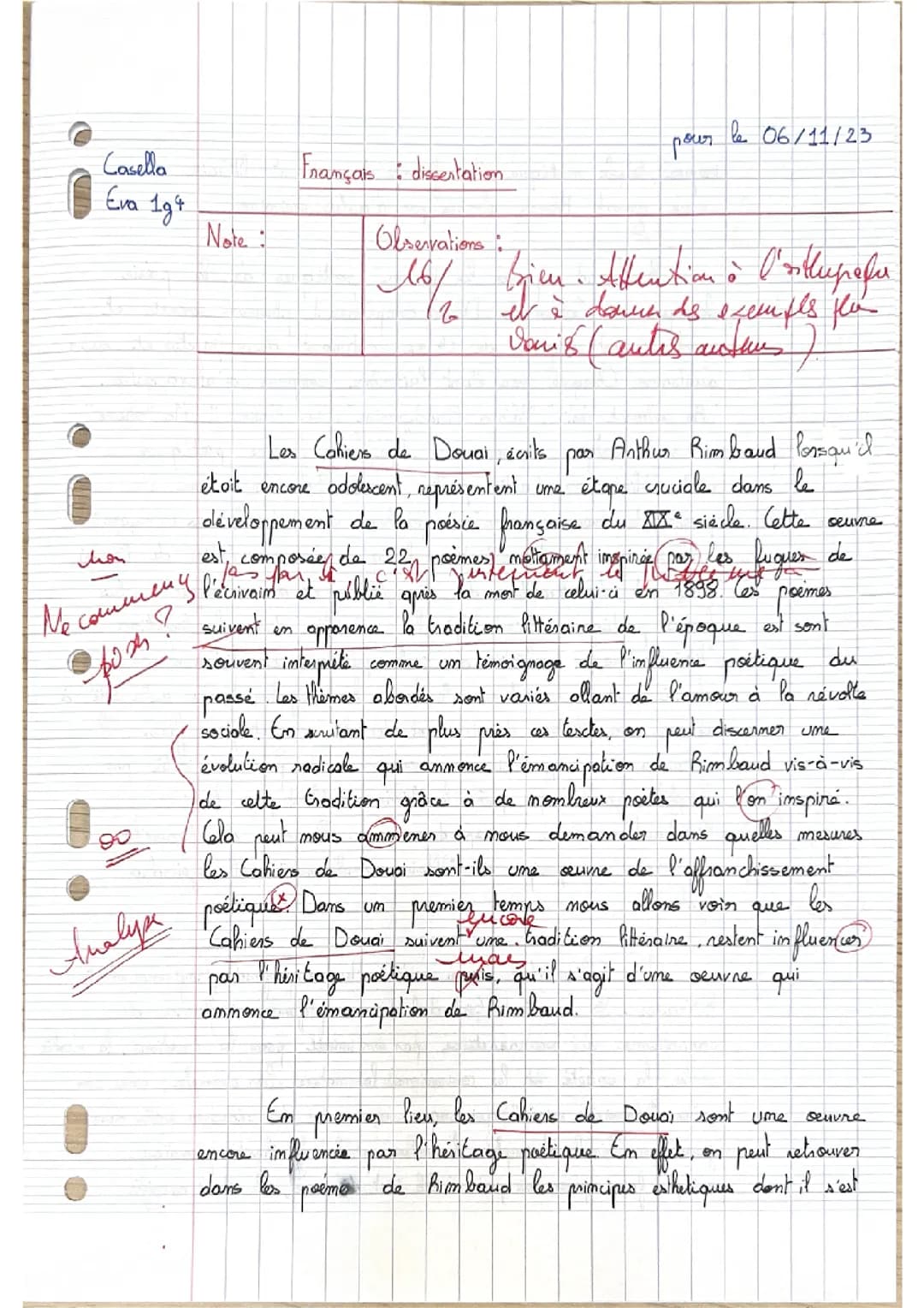 Dissertation les Cahiers de Douai d’Arthur Rimbaud 16/20