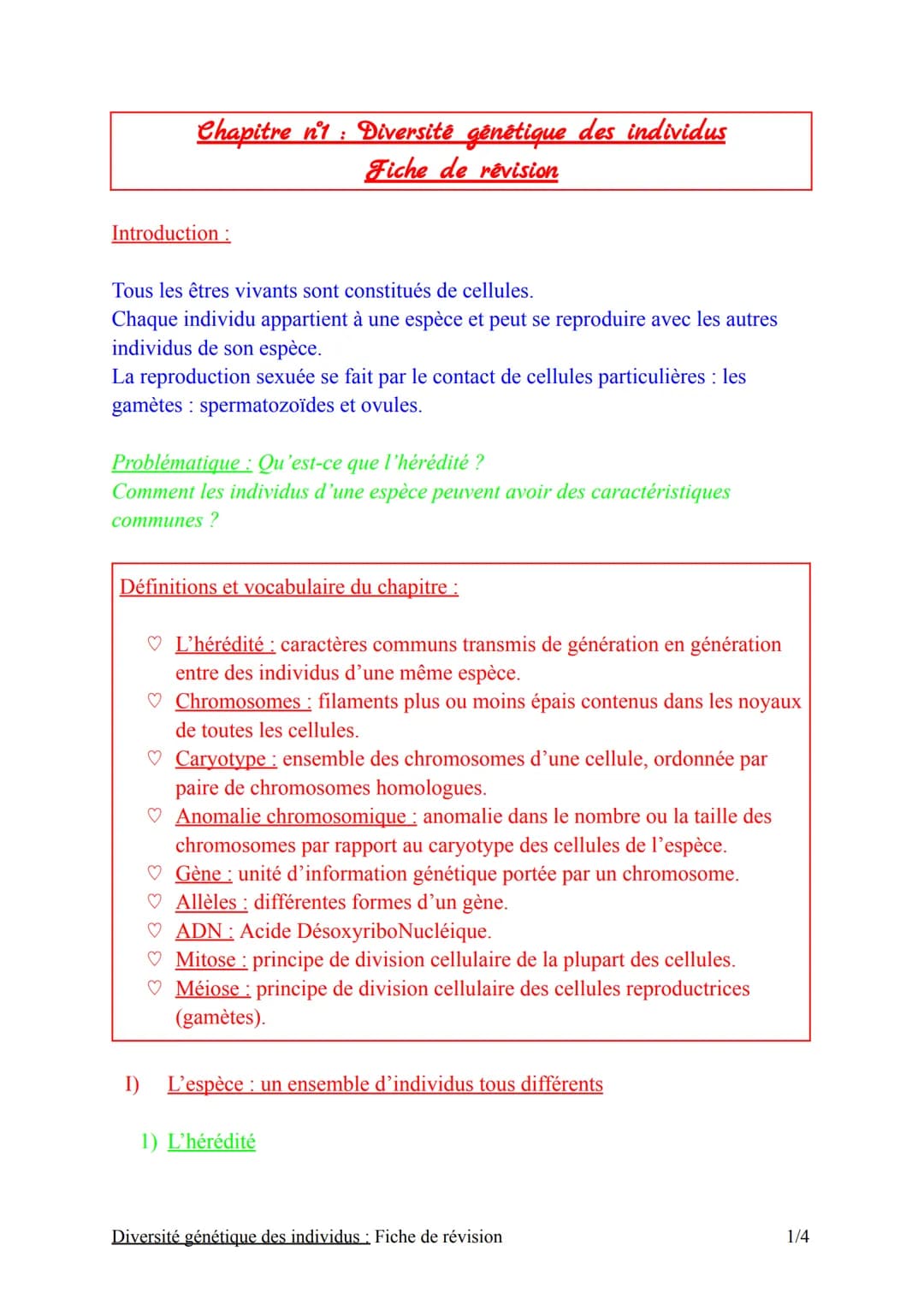 Chapitre nº1 : Diversité gênétique des individus
Fiche de révision
Introduction :
Tous les êtres vivants sont constitués de cellules.
Chaque