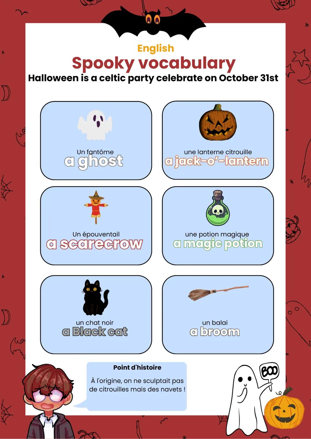 ہمہ
ة
# English
## Spooky vocabulary
Halloween is a celtic party celebrate on October 31st

Un fantôme

une lanterne citrouille

a ghost

a 