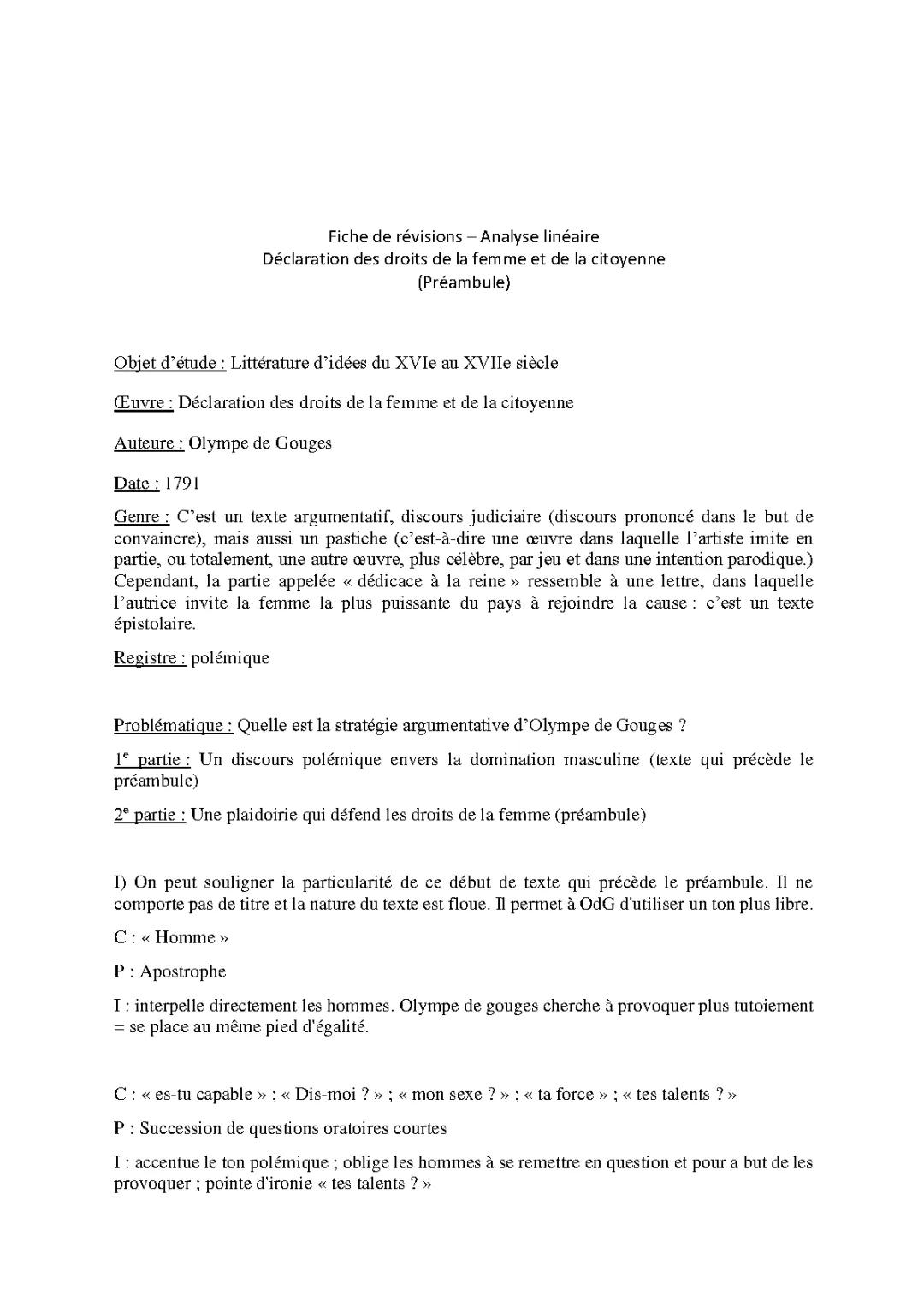 Analyse linéaire de la Déclaration des droits de la femme - Olympe de Gouges