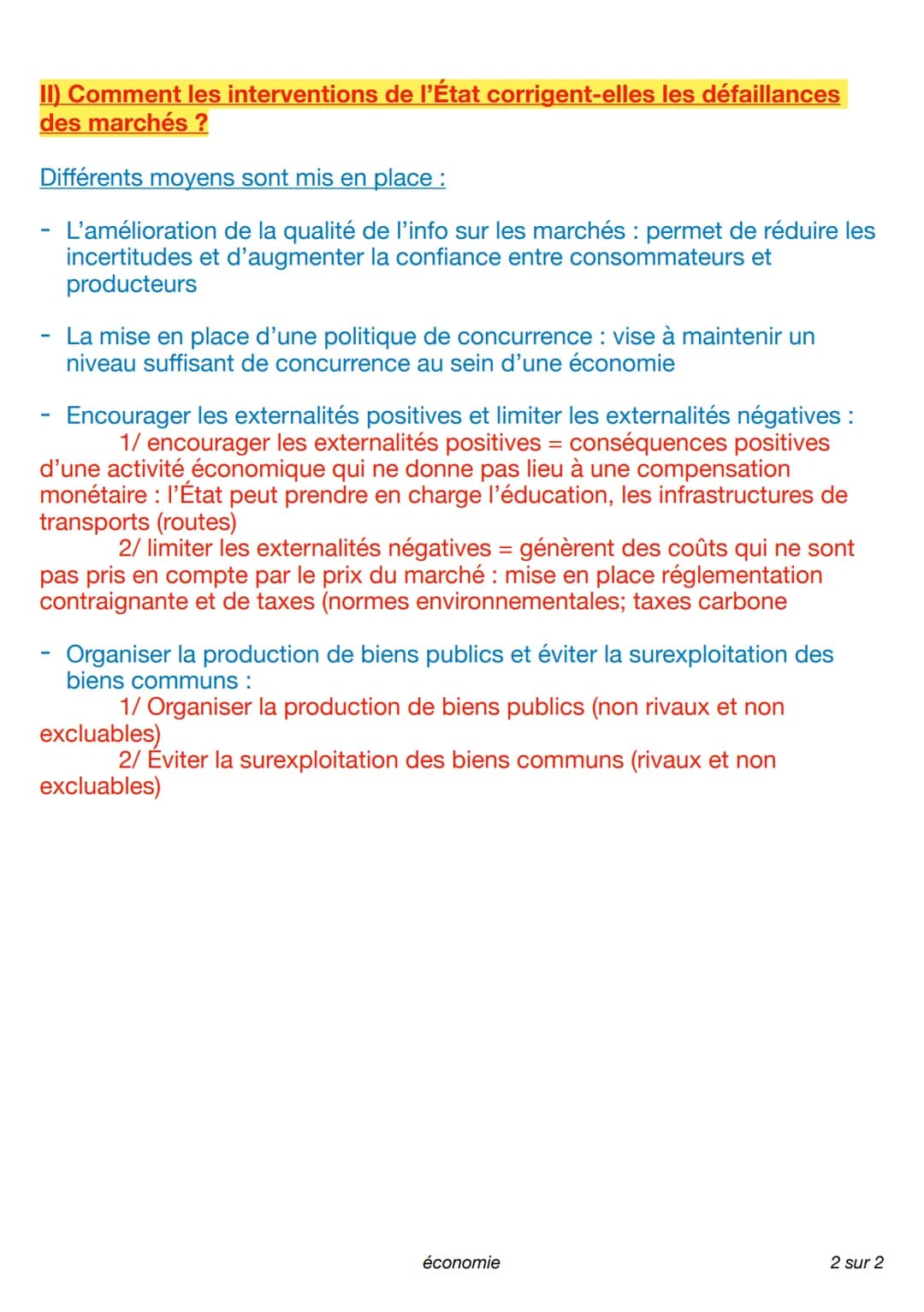 CHAPITRE 2 : Les défaillances des marchés
1) Quelles sont les défaillances et les dysfonctionnements du marché
nécessitant l'intervention de