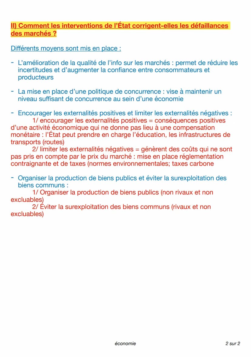 CHAPITRE 2 : Les défaillances des marchés
1) Quelles sont les défaillances et les dysfonctionnements du marché
nécessitant l'intervention de