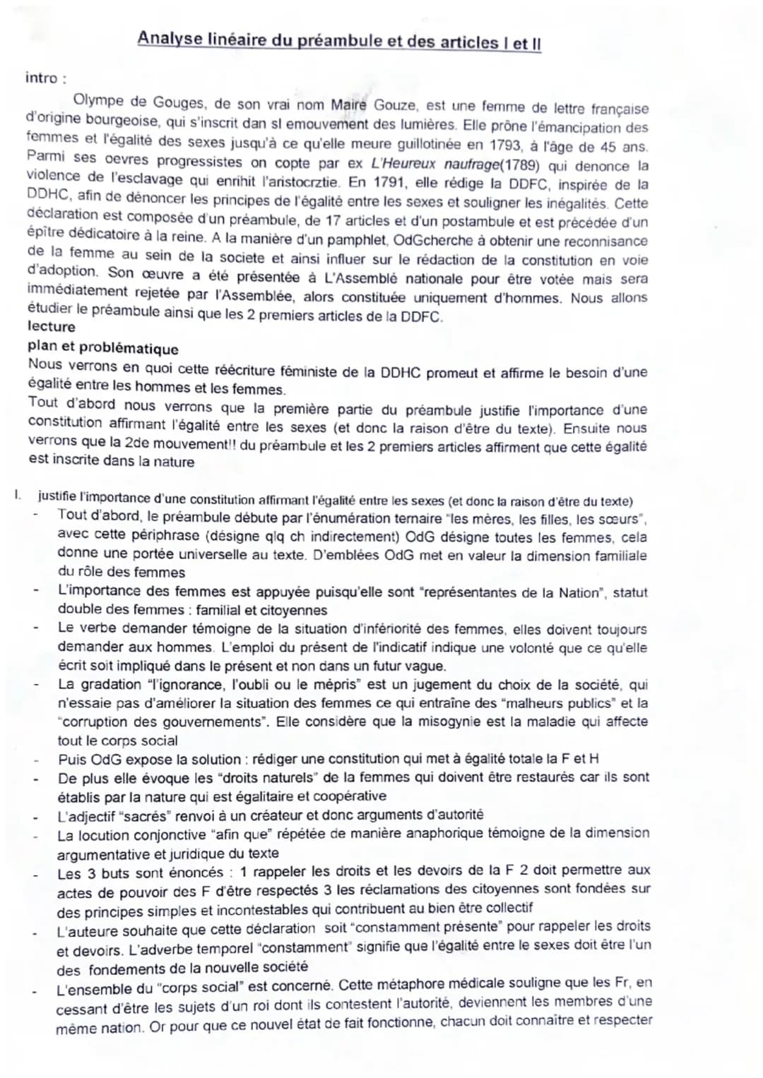 Analyse du préambule de la DDFC d'Olympe de Gouges