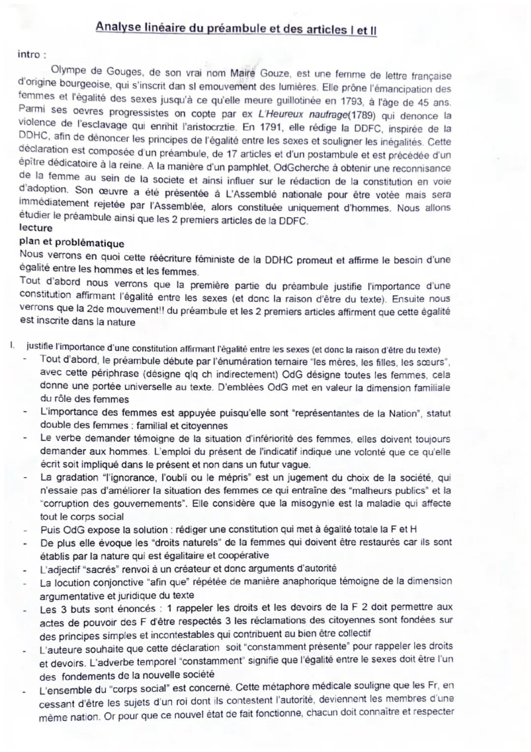 I.
intro :
Analyse linéaire du préambule et des articles I et II
Olympe de Gouges, de son vrai nom Maire Gouze, est une femme de lettre fran