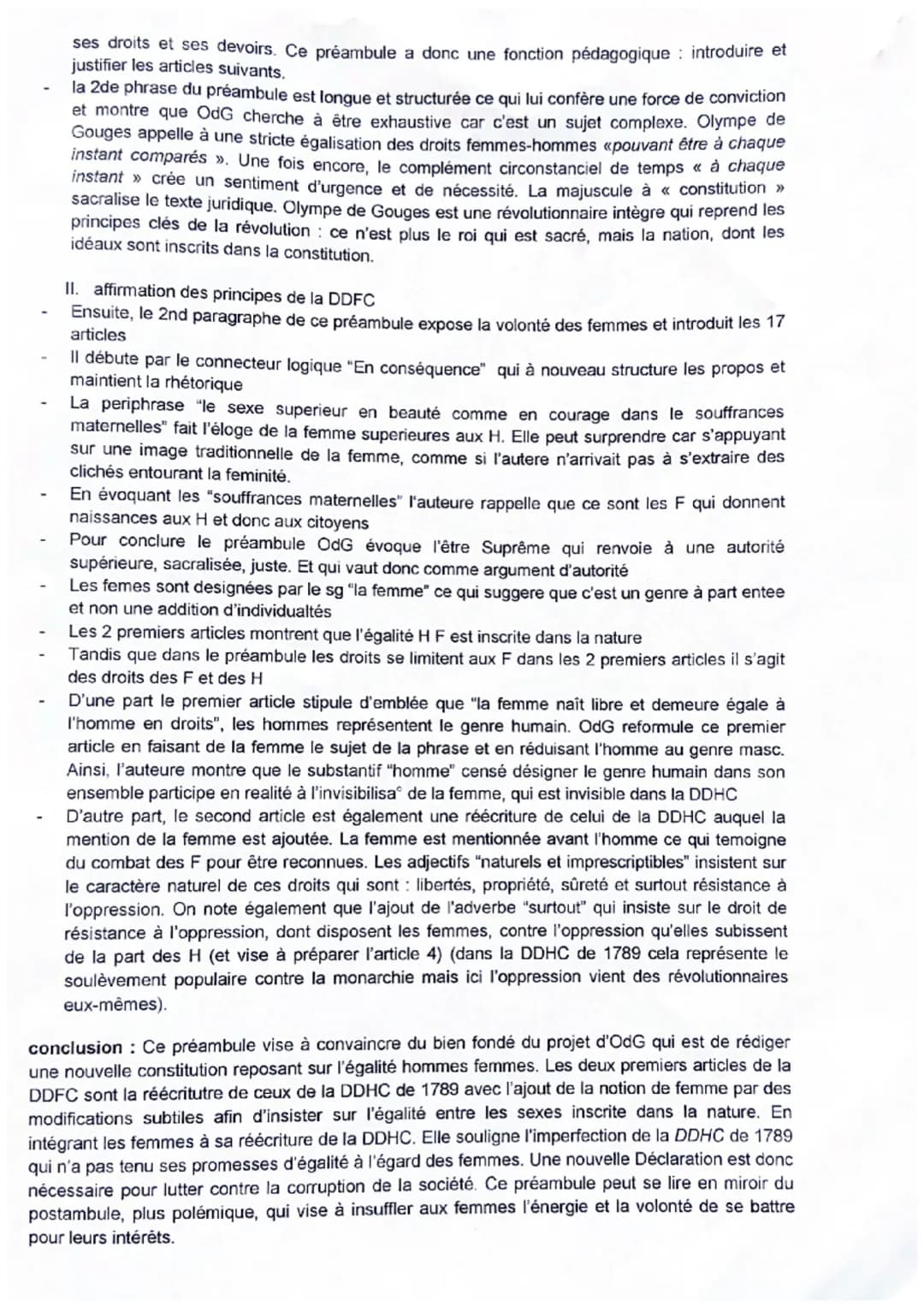 I.
intro :
Analyse linéaire du préambule et des articles I et II
Olympe de Gouges, de son vrai nom Maire Gouze, est une femme de lettre fran
