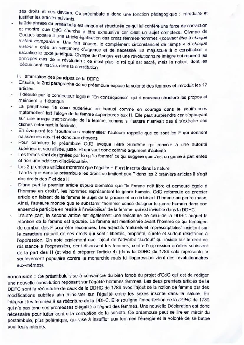 I.
intro :
Analyse linéaire du préambule et des articles I et II
Olympe de Gouges, de son vrai nom Maire Gouze, est une femme de lettre fran
