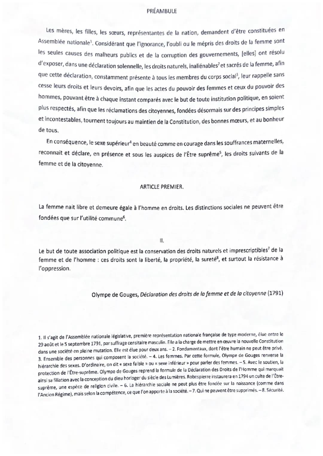 I.
intro :
Analyse linéaire du préambule et des articles I et II
Olympe de Gouges, de son vrai nom Maire Gouze, est une femme de lettre fran