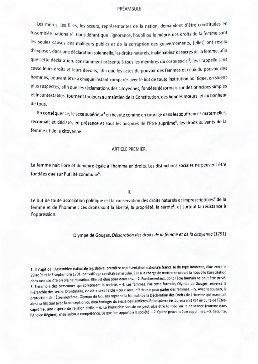 I.
intro :
Analyse linéaire du préambule et des articles I et II
Olympe de Gouges, de son vrai nom Maire Gouze, est une femme de lettre fran