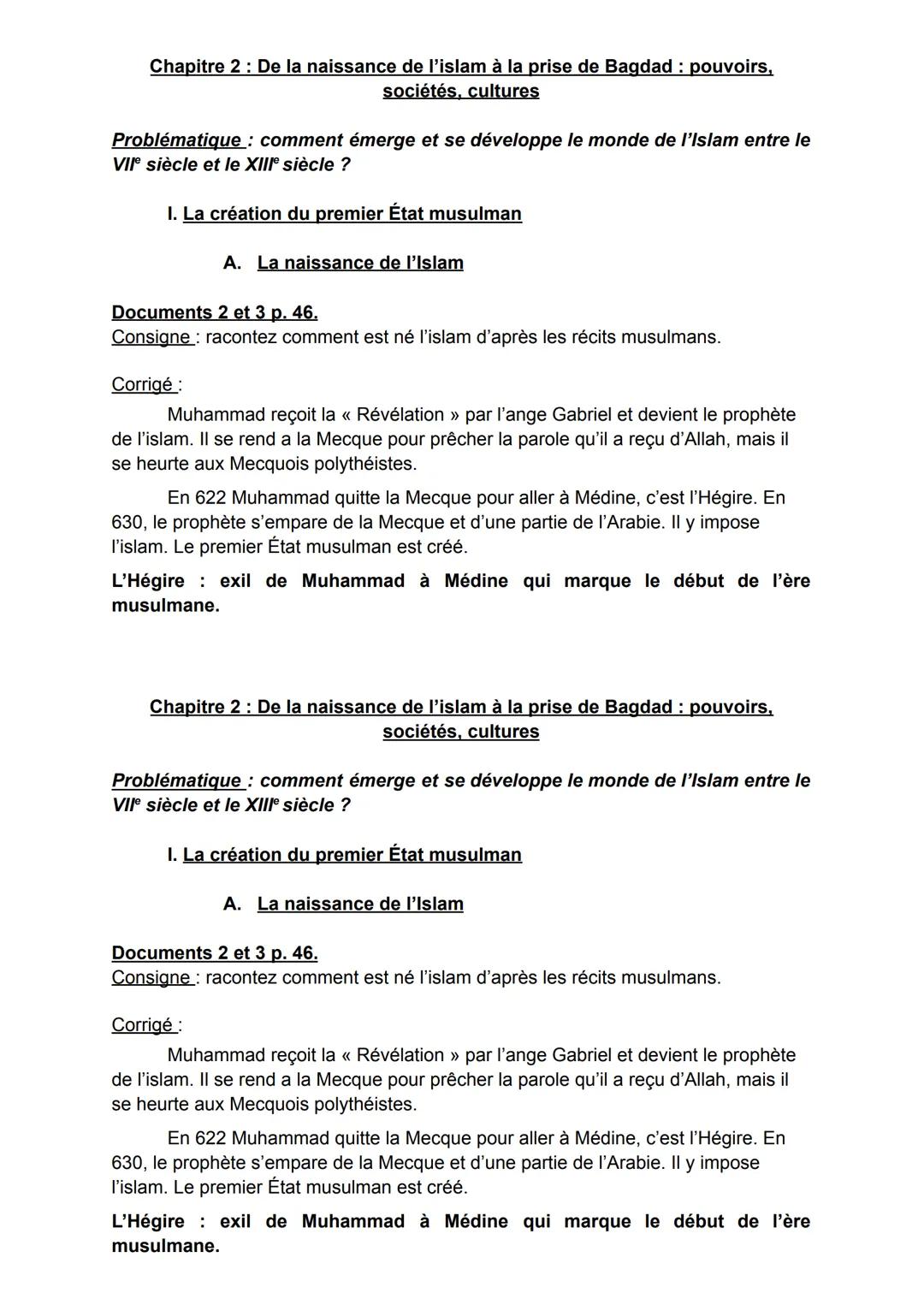 Chapitre 2: De la naissance de l'islam à la prise de Bagdad: pouvoirs,
sociétés, cultures

Problématique: comment émerge et se développe le 