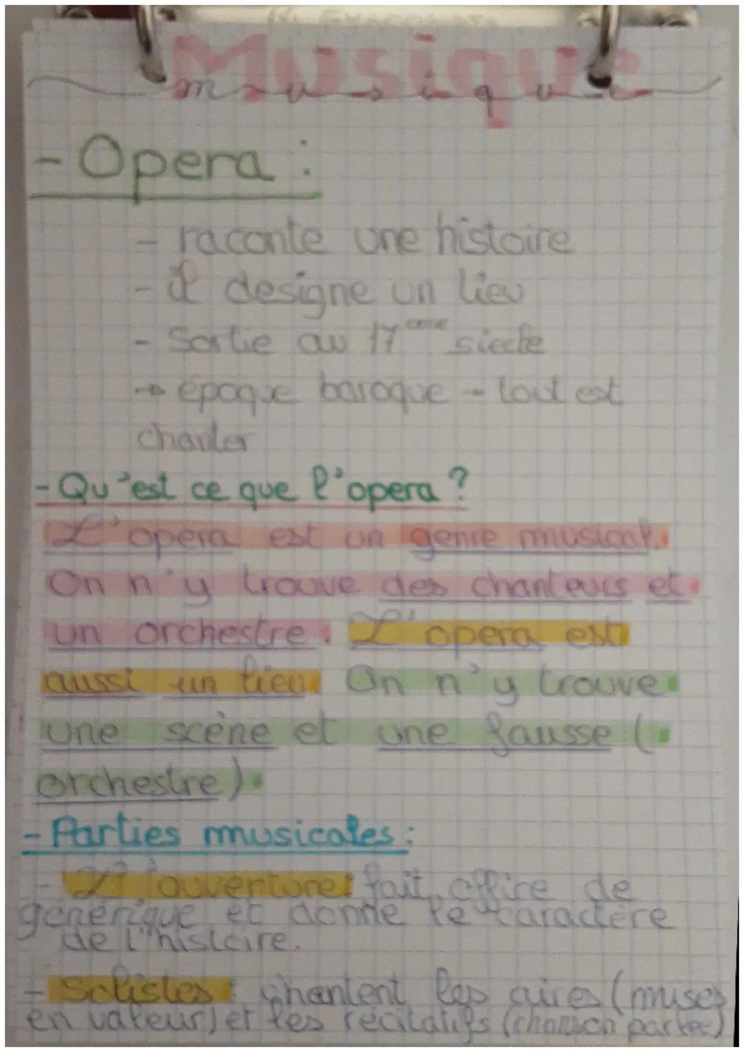 - Musiqu

- Opera:

  - raconte une histoire
  - & designe un liev
  - Sortie ou 17 siecle
  - époque baroque - tout est
    Chanter

- Qu'e