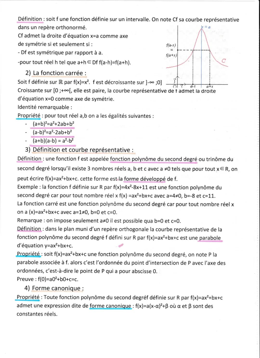 Chapitre 1 : fonction polynôme du second degré.
1) Généralité sur les fonctions (rappel):
Sens de variation :
Définition: soit f une fonctio