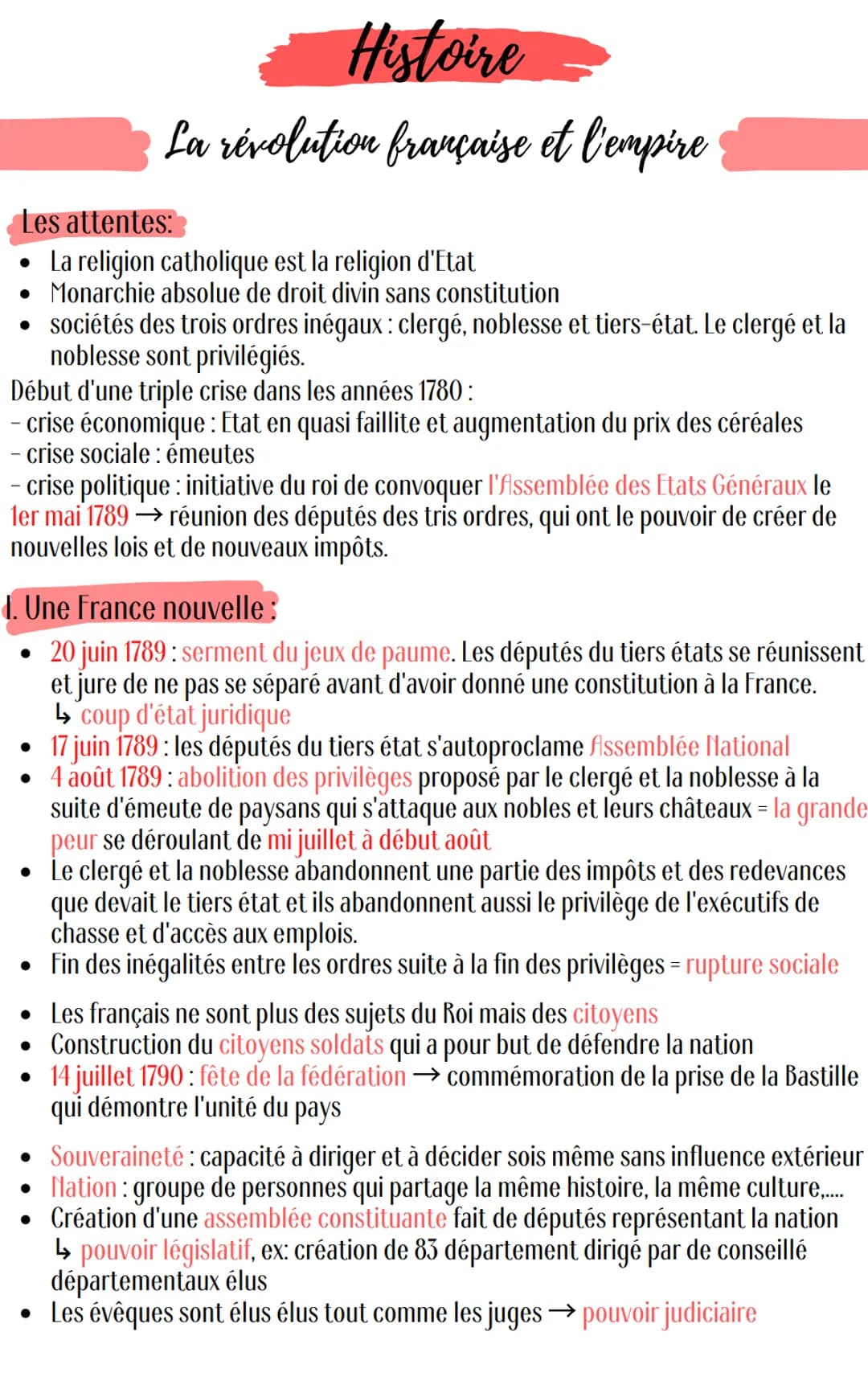 Histoire
La révolution française et l'empire
Les attentes:
• La religion catholique est la religion d'Etat
• Monarchie absolue de droit divi