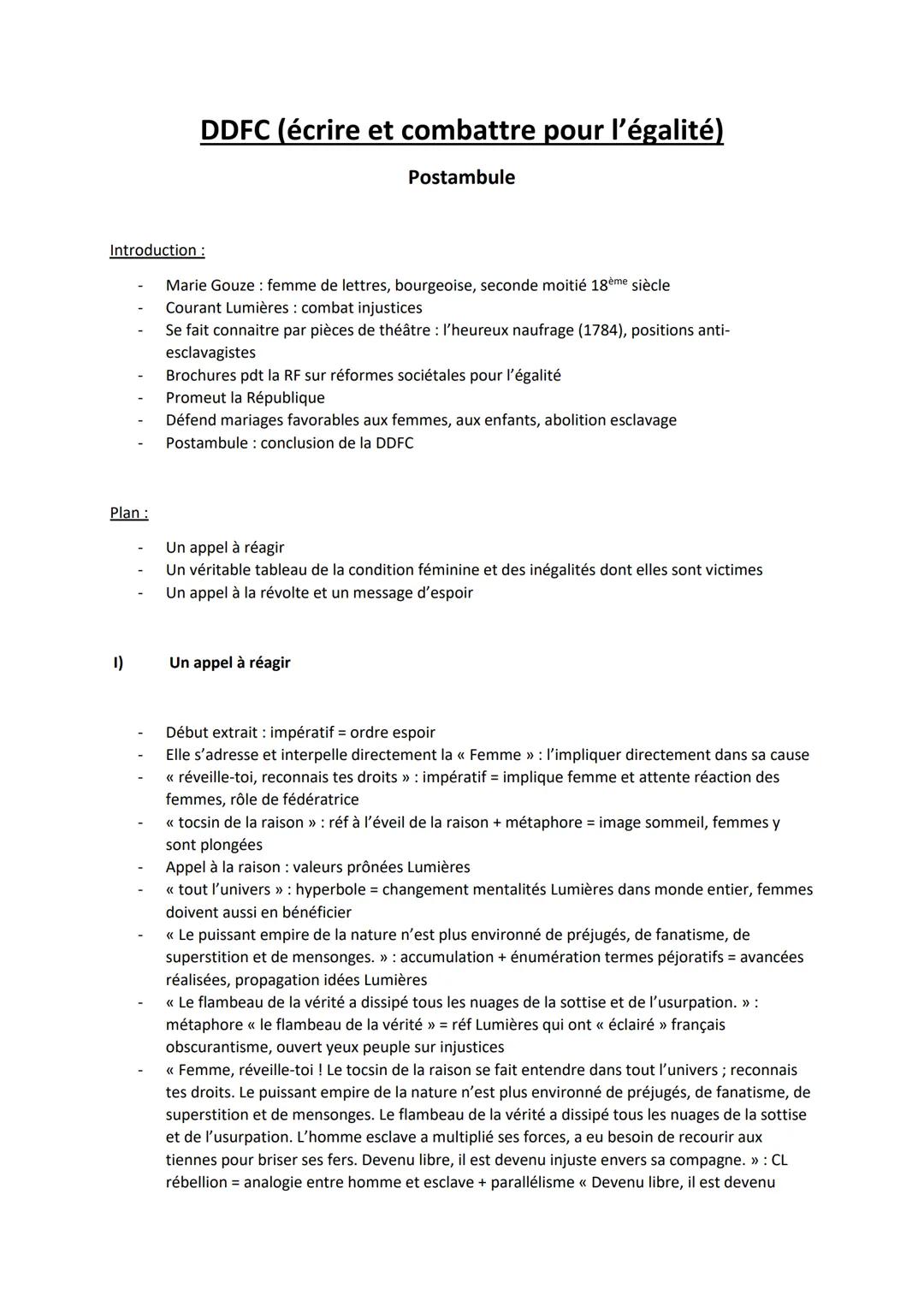 Postambule Olympe de Gouges PDF: Analyse linéaire et Mouvement