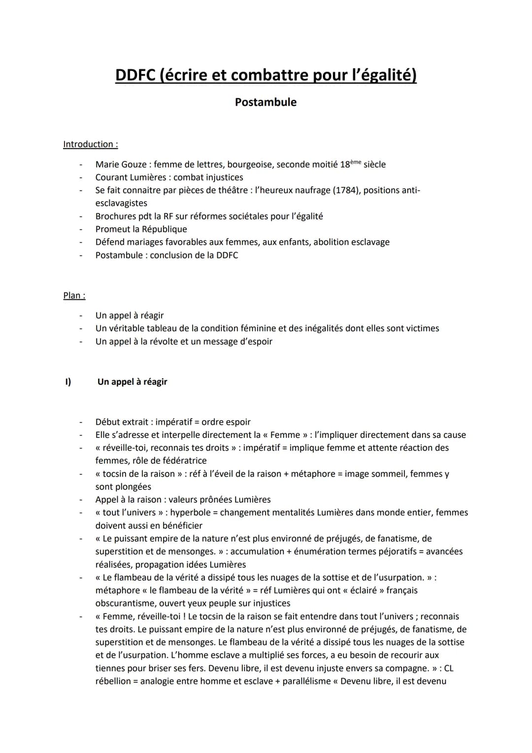 Introduction :
Plan :
1)
DDFC (écrire et combattre pour l'égalité)
Postambule
-
Marie Gouze : femme de lettres, bourgeoise, seconde moitié 1