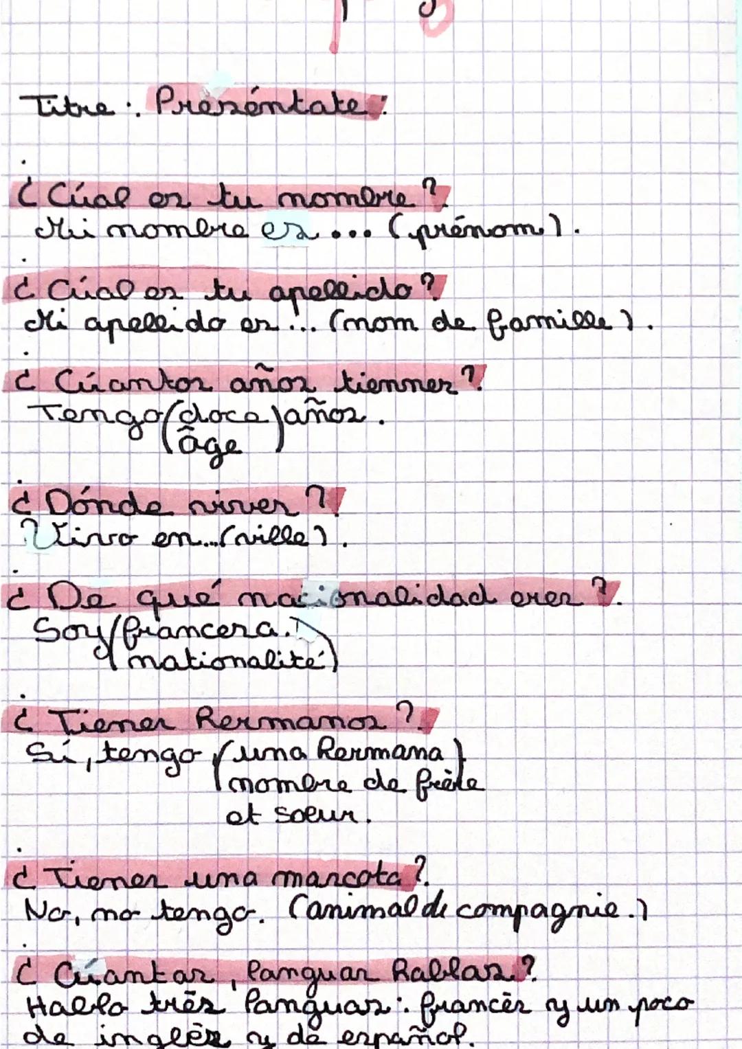 Titre. Preséntate:

¿Cual es tu nombre?
Mi nombre es... (prénom).

¿Cual es tu apellido?
Mi apellido es... (nom de famille).

¿Cuantos añoz 