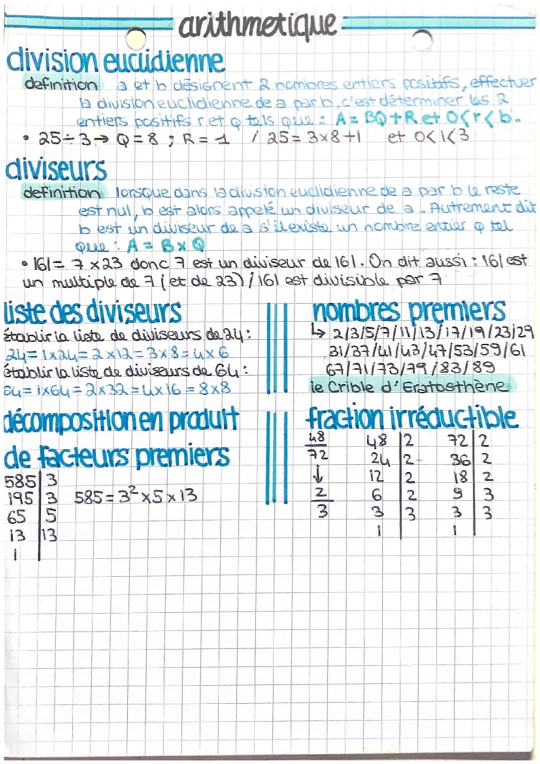 arithmetique
division euclidienne
definition a et b designent & nombres entiers positifs, effectuer
la division euclidienne de a par b, c'es