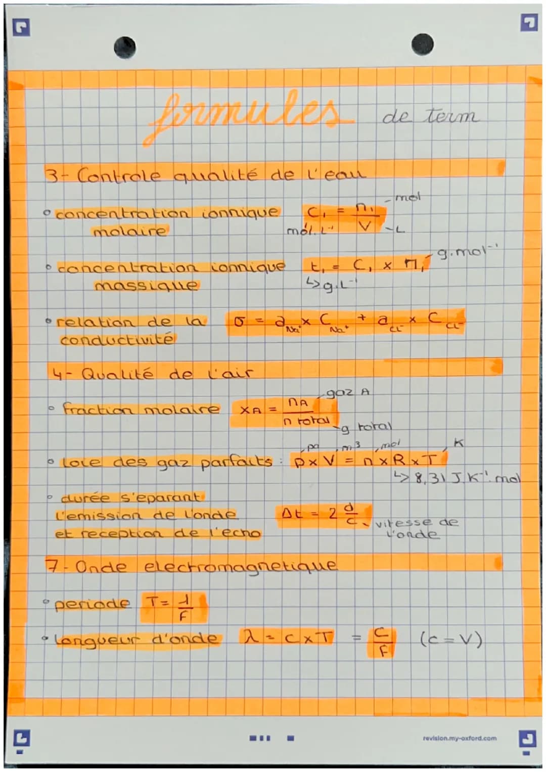 formules
3- Controle qualité de l'eau
o concentration ionnique C₁ =
molaire
mol. L
• concentration connique
massique
relation de la
conducti