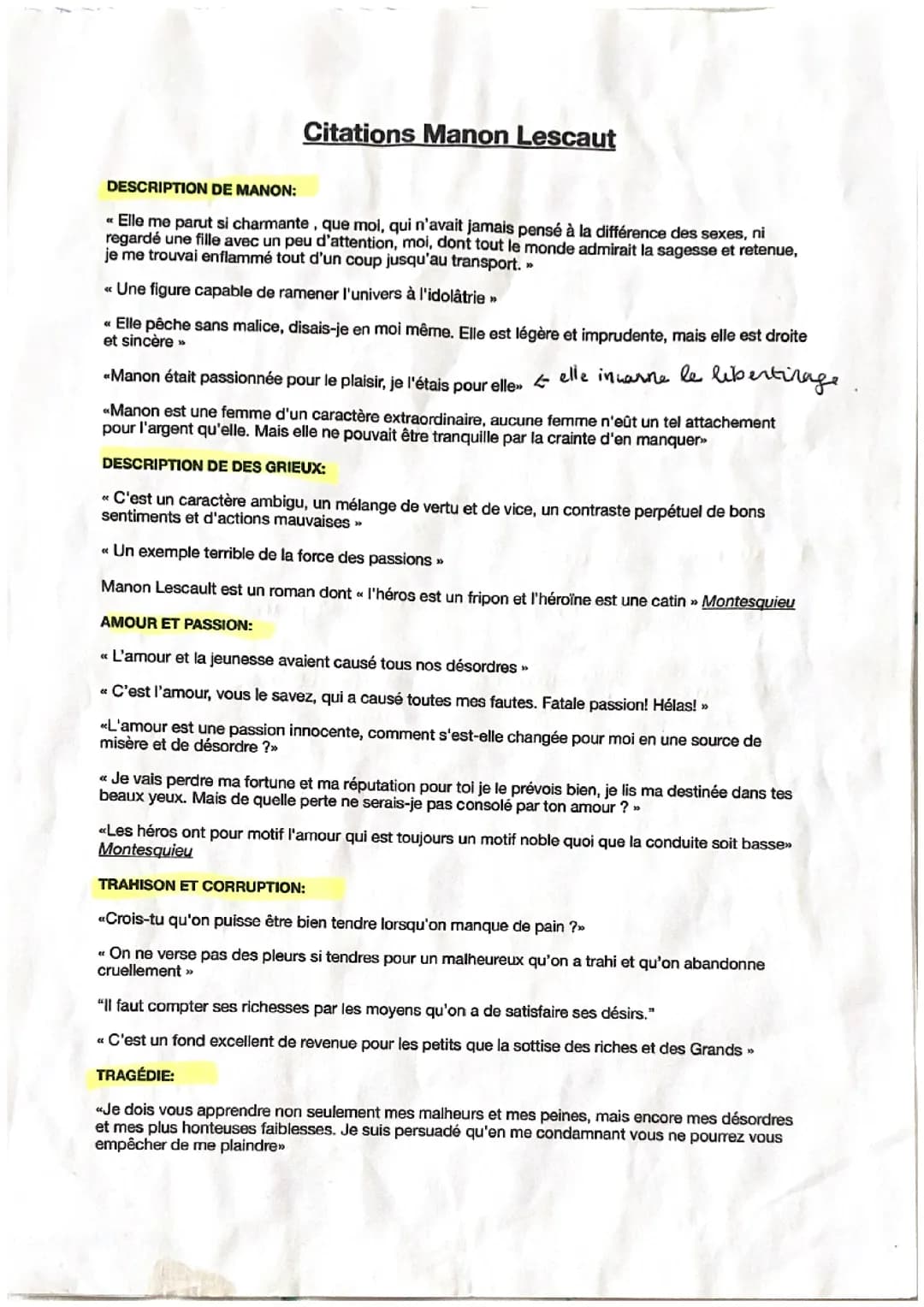 fiches de revison pour une dissertation sur manon lescaut 