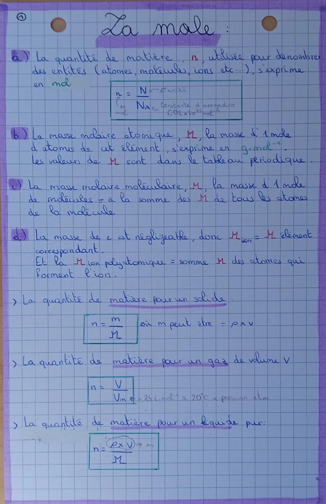 ©
Za male
a) La quantité de matière.
n
utilisée
pour denombrer
des entités (atomes, molecules, ions etc...), s'exprime
en
md
n=
Nante
en
mol