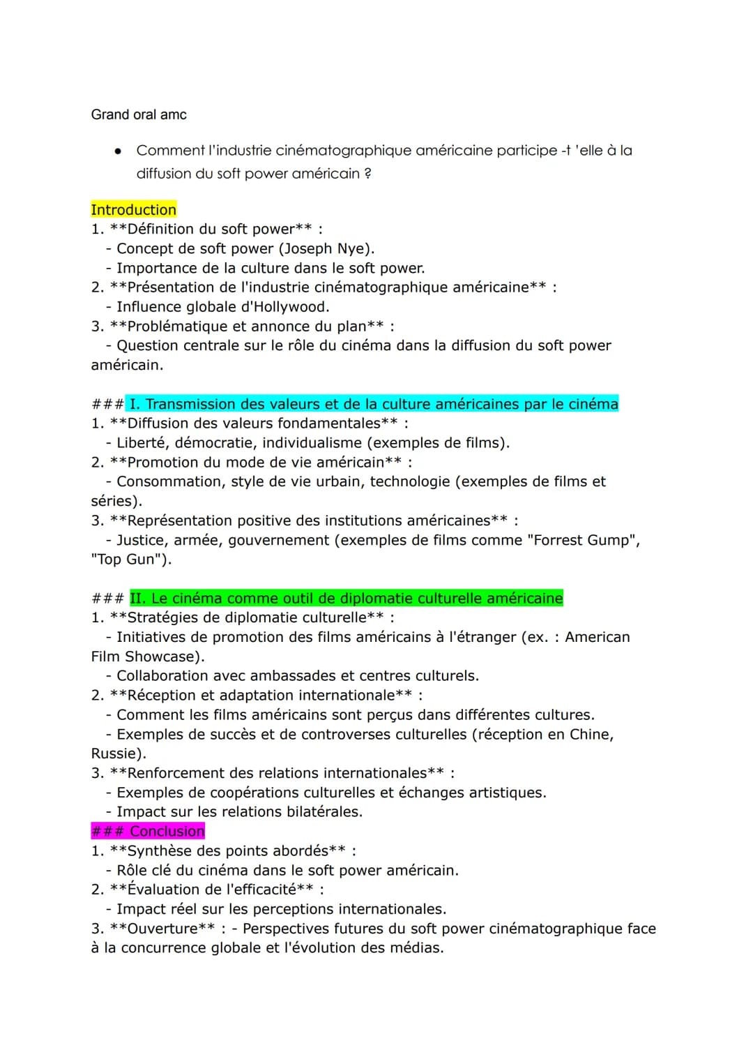 Grand oral amc
Comment l'industrie cinématographique américaine participe -t 'elle à la
diffusion du soft power américain ?
Introduction
1. 