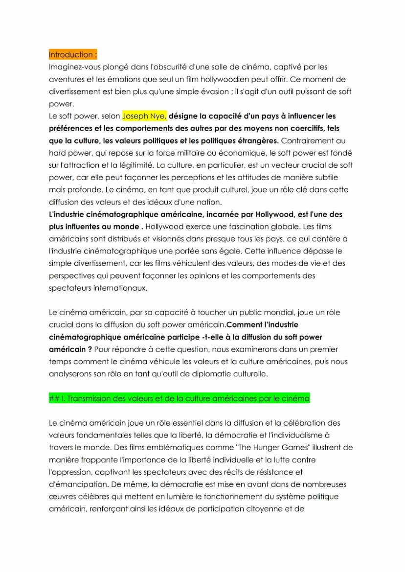 Grand oral amc
Comment l'industrie cinématographique américaine participe -t 'elle à la
diffusion du soft power américain ?
Introduction
1. 