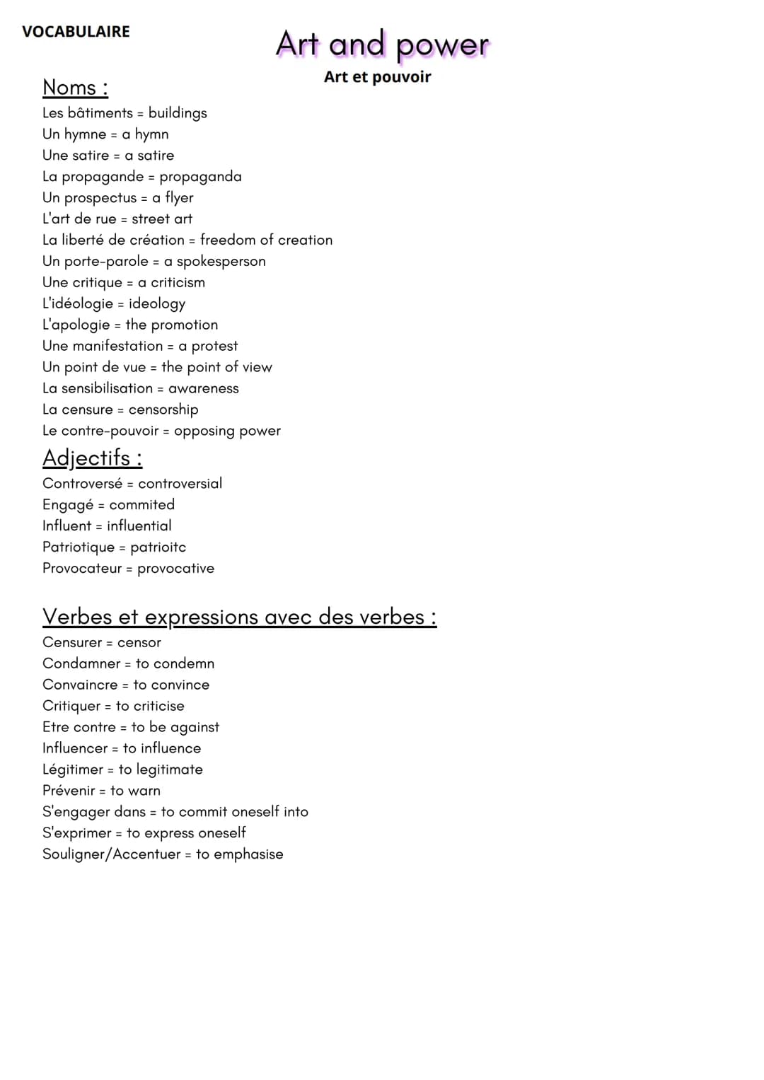 VOCABULAIRE
Noms:
Les bâtiments = buildings
Un hymne = a hymn
Une satire a satire
La propagande = propaganda
Un prospectus = a flyer
L'art d