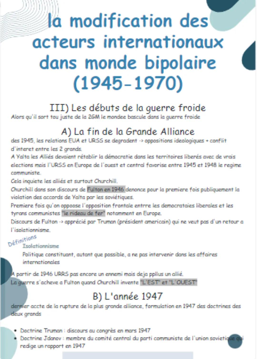 # la modification des
acteurs internationaux
dans monde bipolaire
(1945-1970)

III) Les débuts de la guerre froide
Alors qu'il sort tou just
