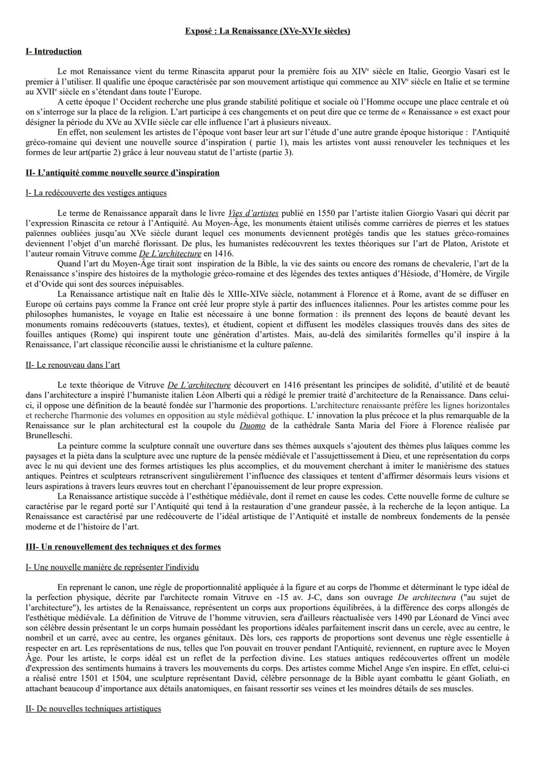 I- Introduction
Exposé : La Renaissance (XVe-XVIe siècles)
Le mot Renaissance vient du terme Rinascita apparut pour la première fois au XIVe