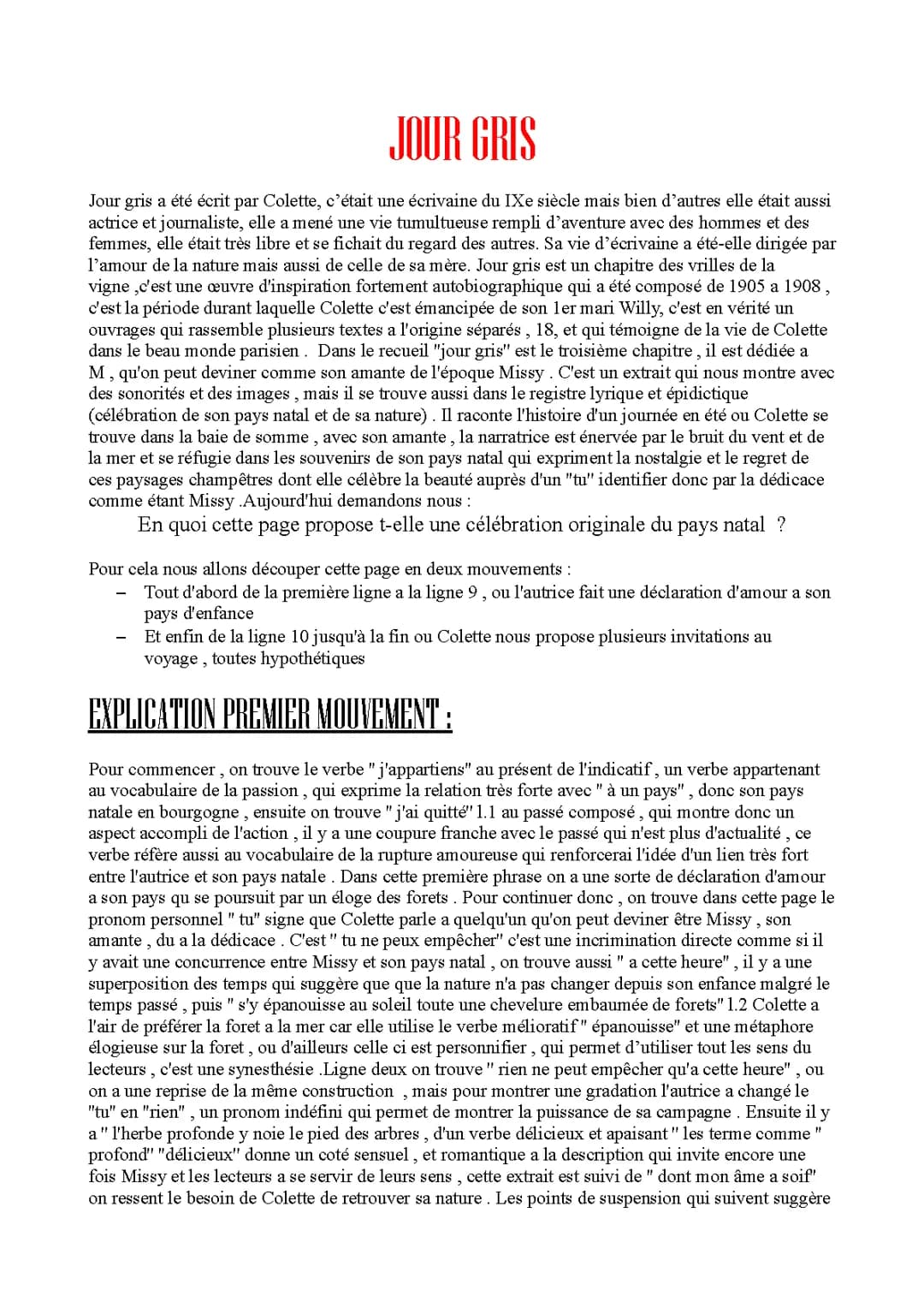 explication linéaire de jour gris, colette 