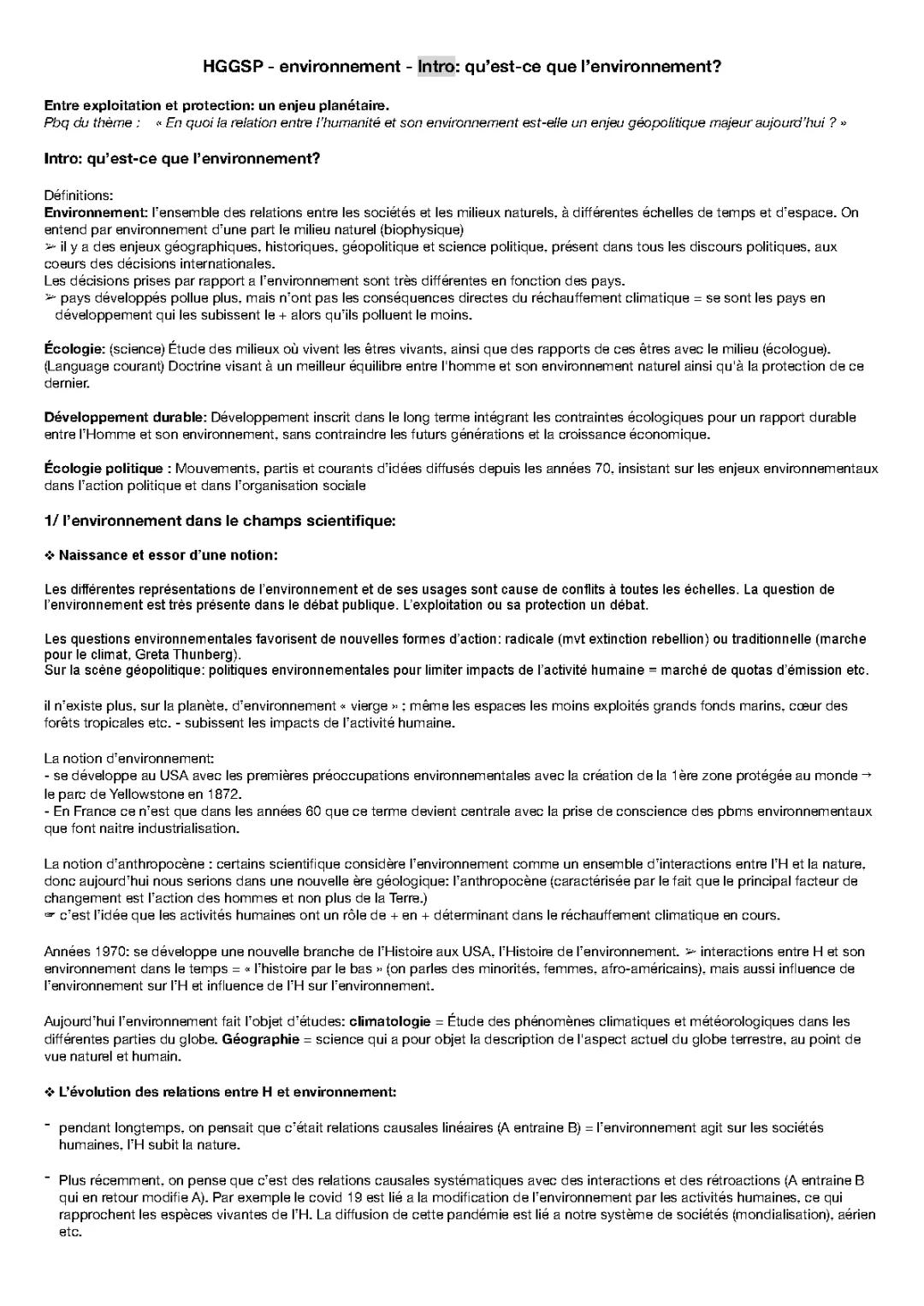 Hggsp Environnement chapitre introductif 
