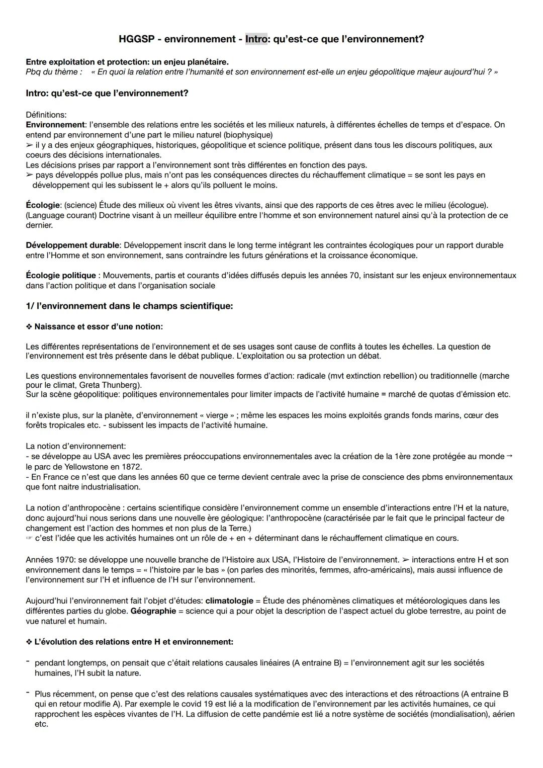 HGGSP- environnement - Intro: qu'est-ce que l'environnement?
Entre exploitation et protection: un enjeu planétaire.
Pbq du thème : «En quoi 