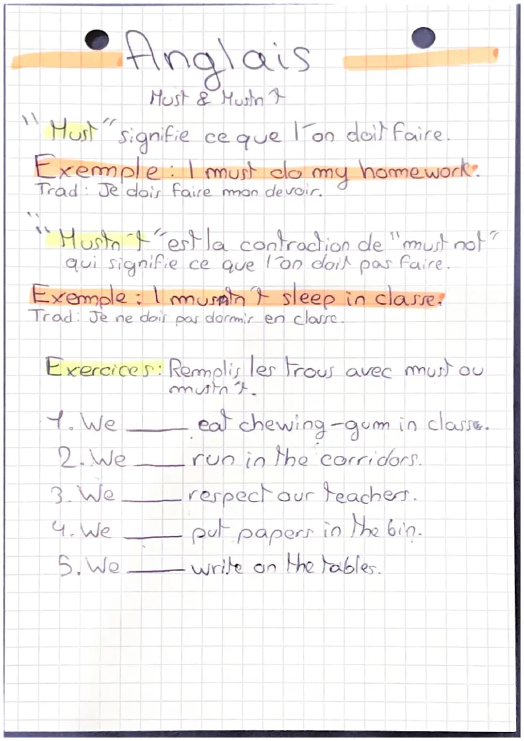 Must" signifie ce que
Exemple: I must do my
Trad: Je dois faire mon devoir.
Anglais
Must & Musin I
"Musto I´´est la contraction de "must not