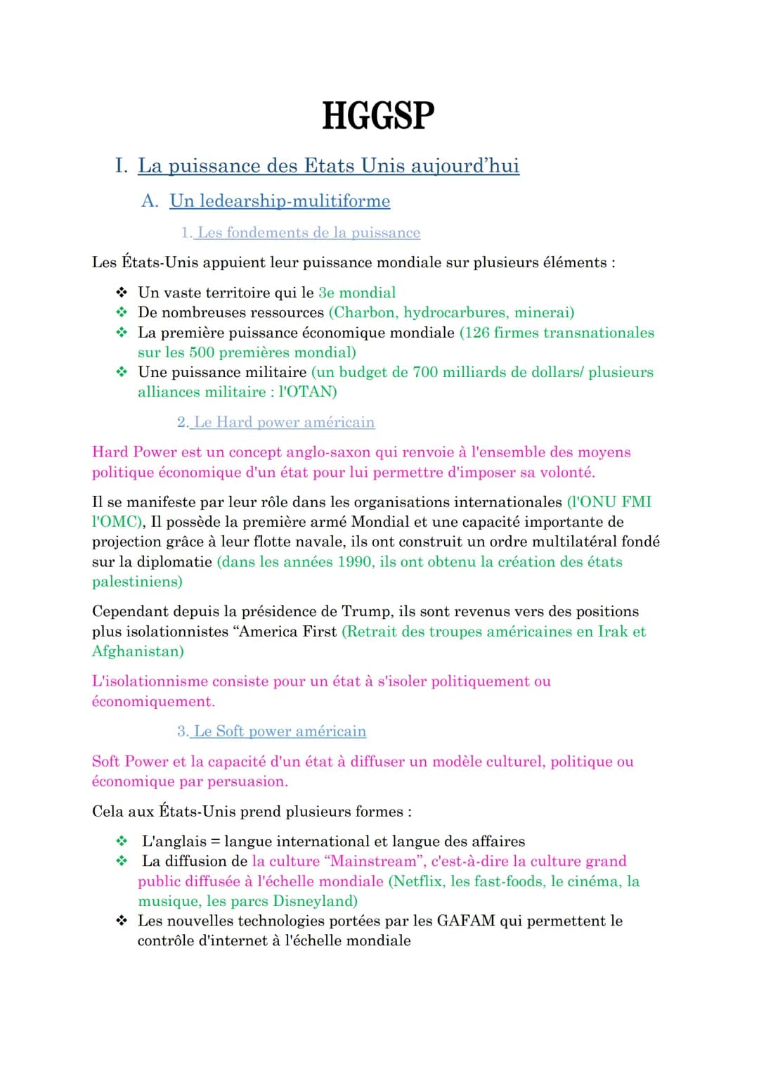 HGGSP
I. La puissance des Etats Unis aujourd'hui
A. Un
ledearship-mulitiforme
1. Les fondements de la puissance
Les États-Unis appuient leur