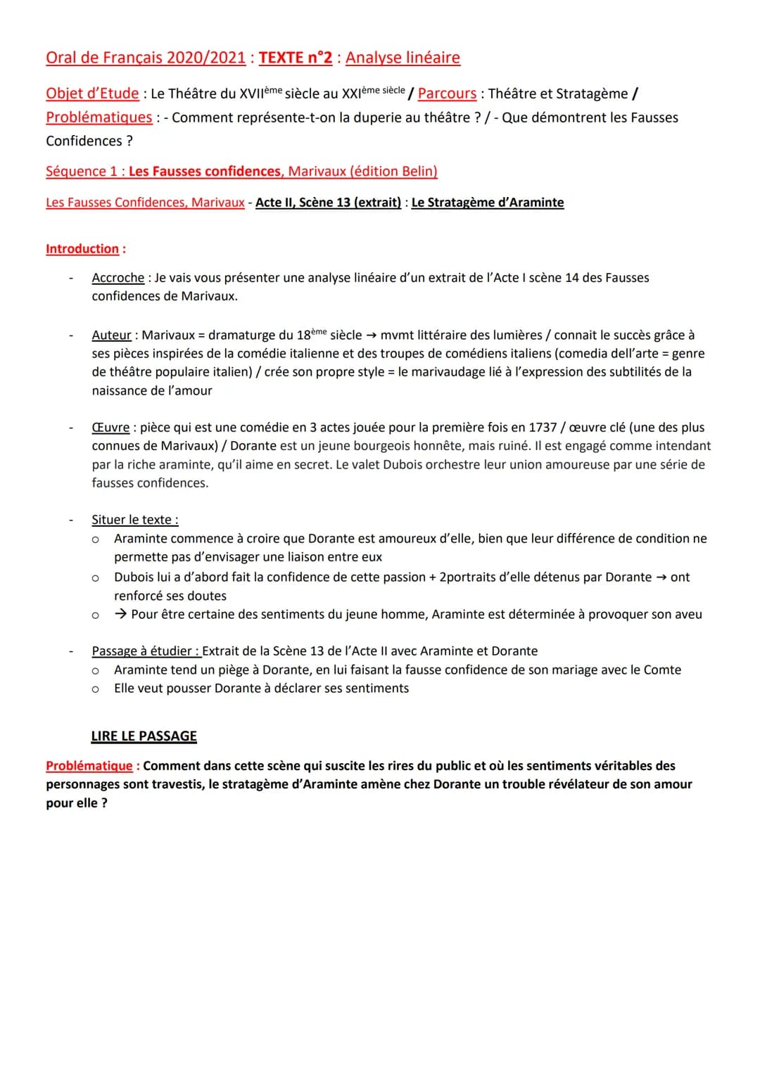 Oral de Français 2020/2021: TEXTE n°2 : Analyse linéaire
Objet d'Etude: Le Théâtre du XVIIème siècle au XXIème siècle / Parcours : Théâtre e