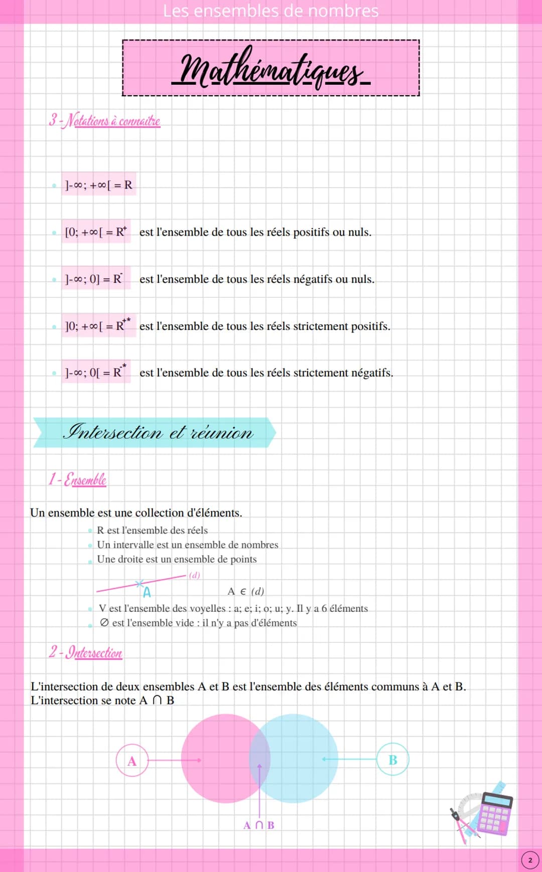 ●
Les notations d'ensembles
N est l'ensemble des entiers naturels → ce sont les nbrs entiers positifs.
ex: 0; 1; 2; 3
Les ensembles de nombr