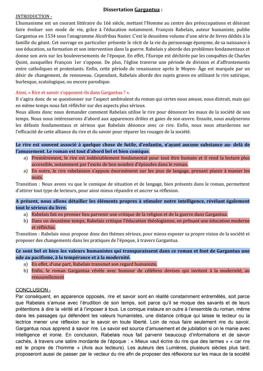Dissertation Gargantua :
INTRODUCTION -
L'humanisme est un courant littéraire du 16è siècle, mettant l'Homme au centre des préoccupations et