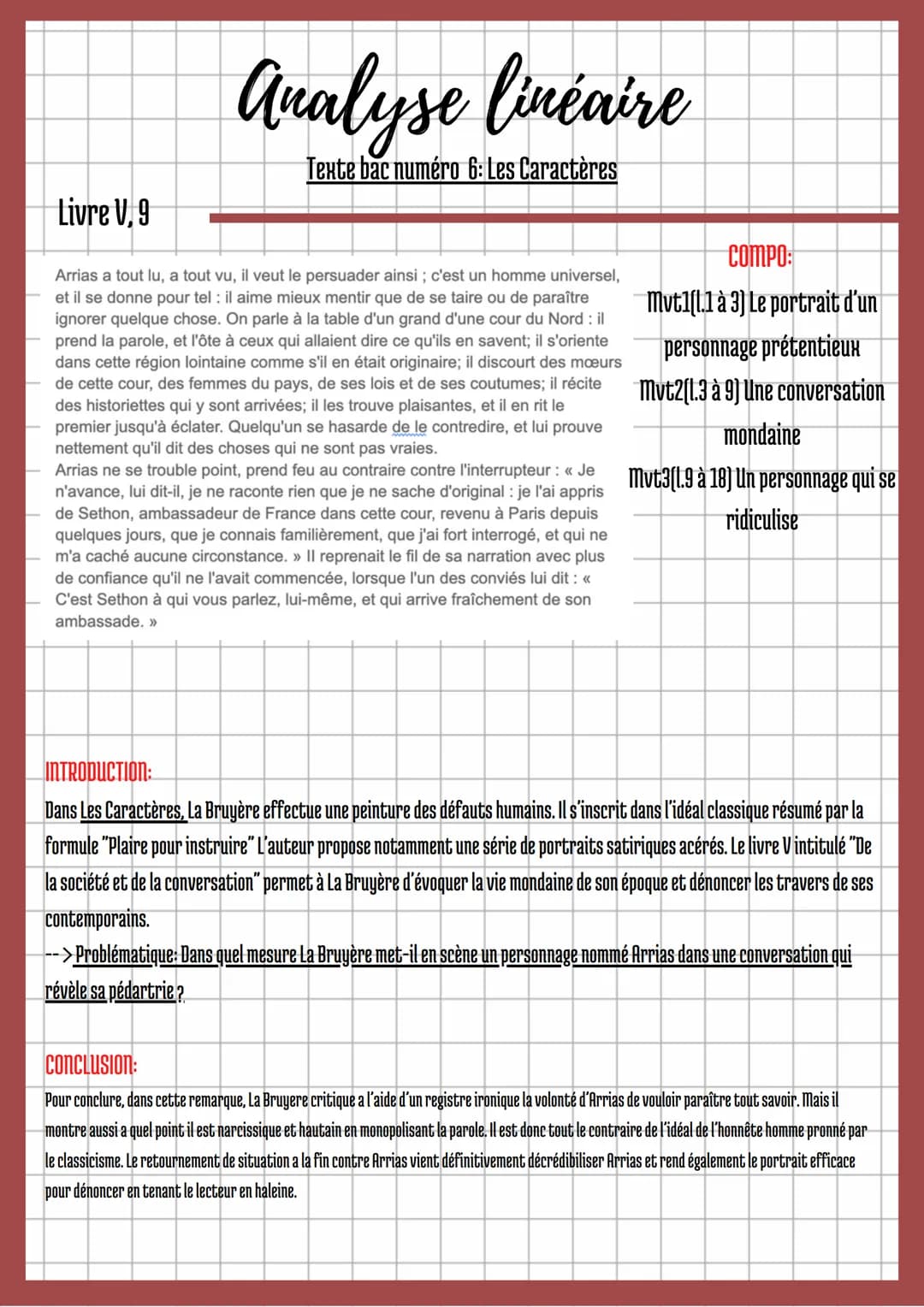 
<h2 id="livrev9">Livre V. 9</h2>
<p>Dans Les Caractères, La Bruyère effectue une peinture des défauts humains. Il s'inscrit dans l'idéal cl