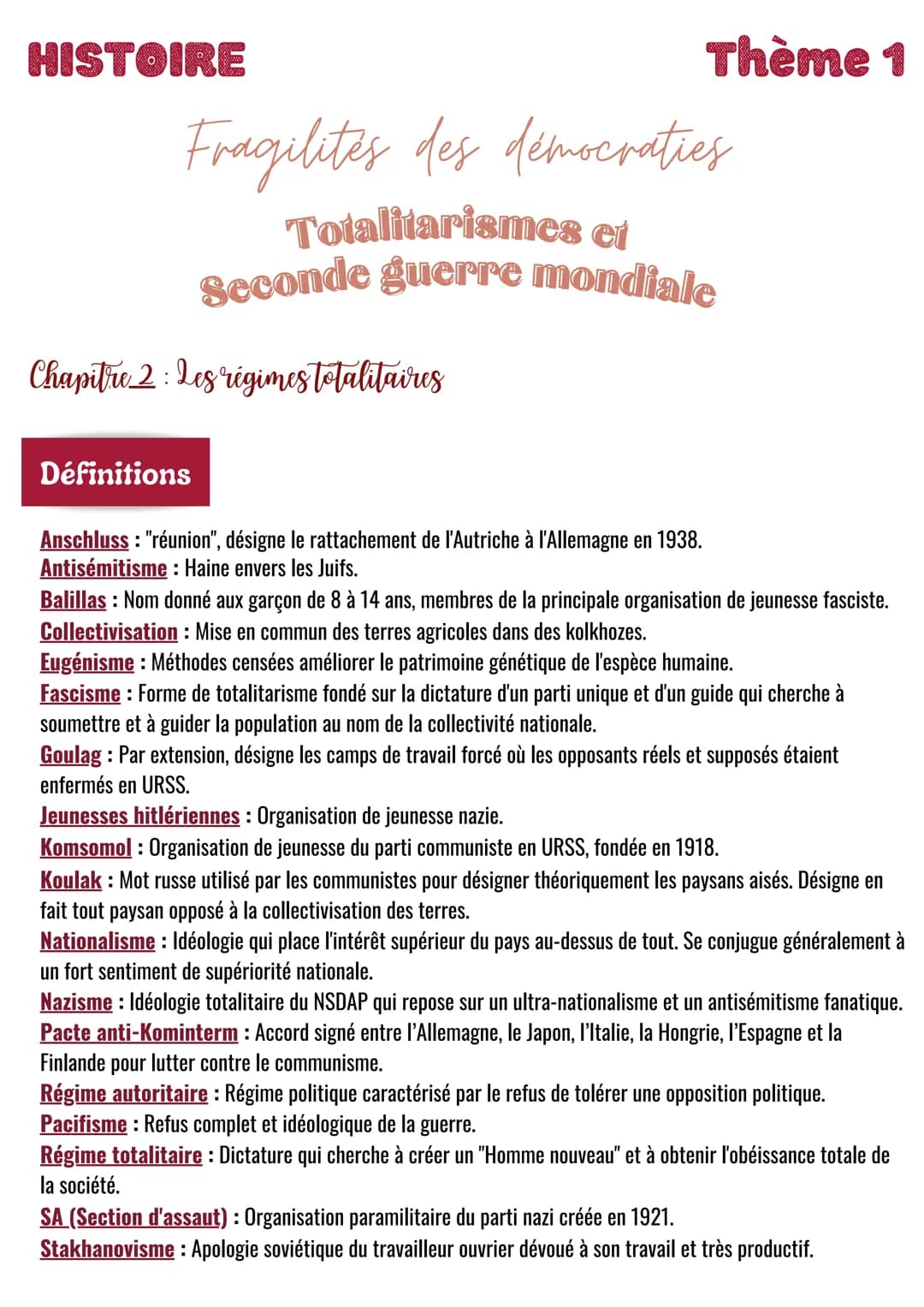 HISTOIRE
Fragilités des démocraties
Totalitarismes et
Seconde guerre mondiale
Chapitre 2 : Les régimes totalitaires
Définitions
Thème 1
Ansc