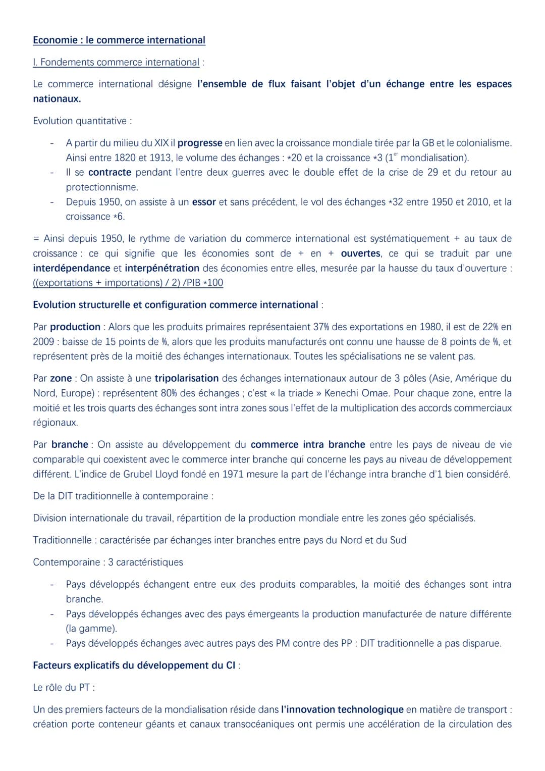 Economie : le commerce international
I. Fondements commerce international :
Le commerce international désigne l'ensemble de flux faisant l'o