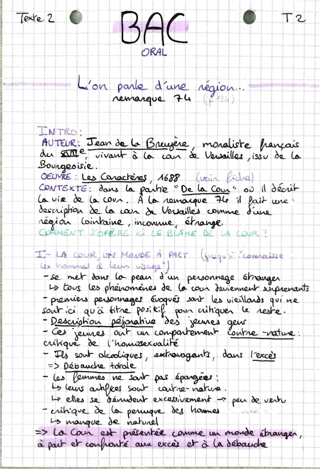 Texte 2
BAC
ORAL
L'on parle d'une région.....
remarque 74 (124)
O
INTRO:
AUTEUR: Jean de la Bruyère, moraliste français
du xvile vivant à la
