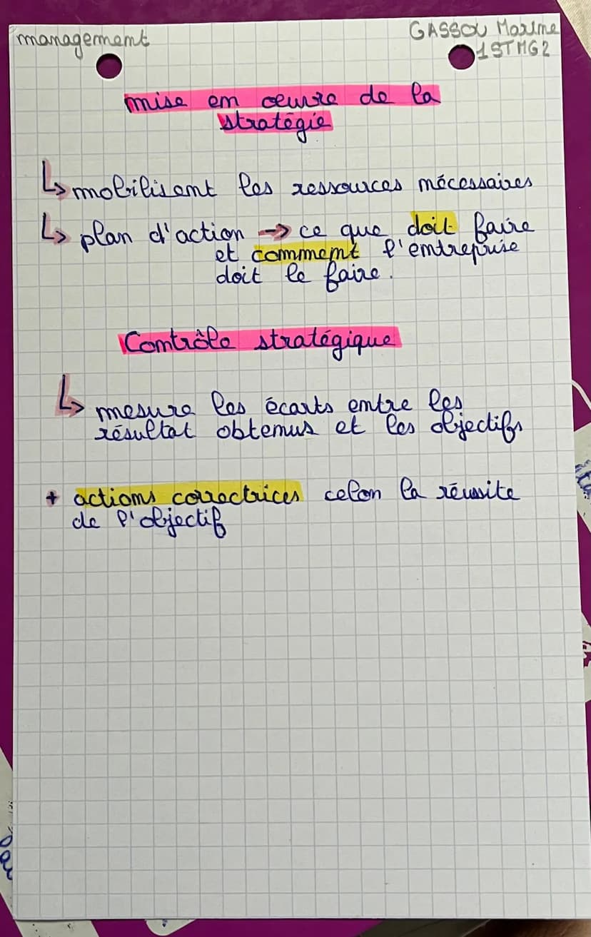 n management
Chapitre 7
Qu'est-ce que
GASSOU Marime
1STMG 2
la stratégie
1- Gu'est-ce
que
la stratégie ?
stratégie -> fixer des objectifs à 