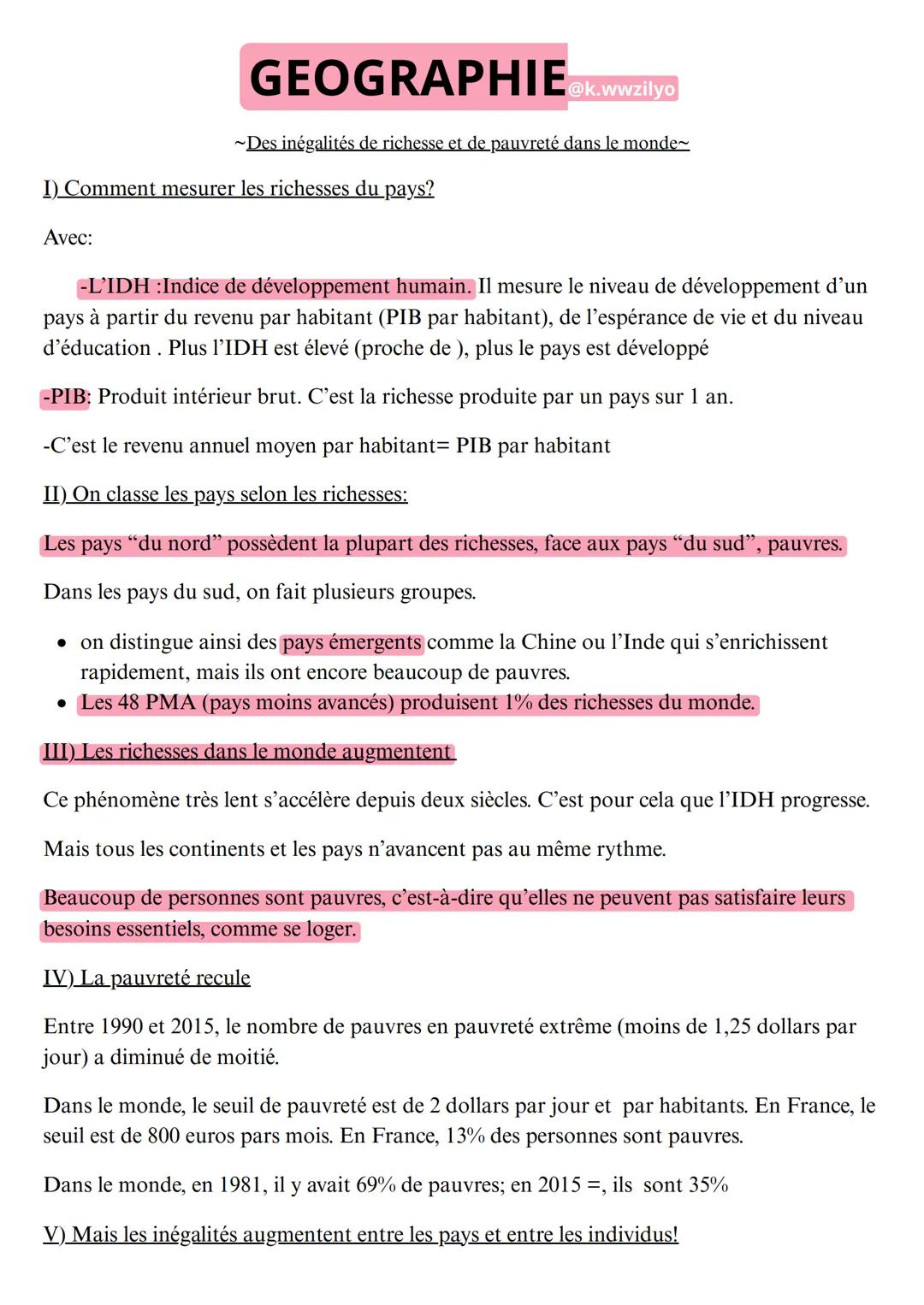 --- OCR Start ---
GEOGRAPHIE@k.wwzilyo
~Des inégalités de richesse et de pauvreté dans le monde~
I) Comment mesurer les richesses du pays?
A