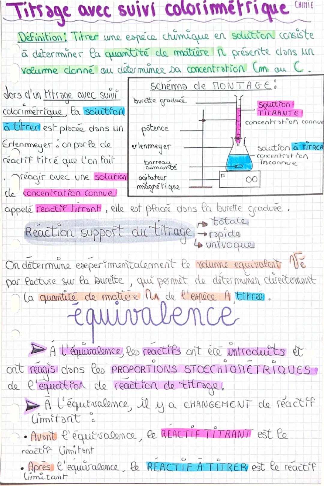 # Titrage avec suivi colorimétrique comie

Définition: Titrer une espèce chimique en solution consiste
à determiner la quantité le matière n