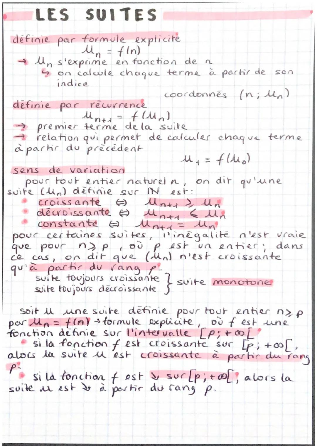LES SUITES
définie par formule explicite
Mn = f(n)
→ Un s'exprime en fonction de n
4 on calcule chaque terme à partir de
indice
coordonnés (